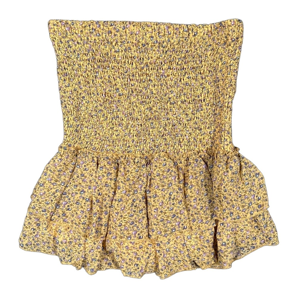 MABLE Medium Mustard Floral Smocked Tiered Ruffle Mini Dress NWOT Cottagecore